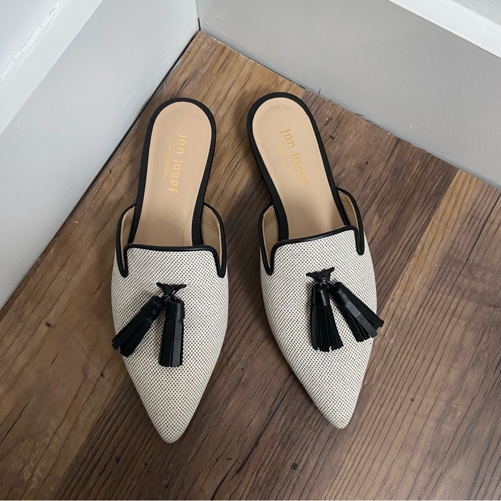 Jon Josef Natural Linen Tassel Gissel Mule Flat Shoes with Black Leather 7.5